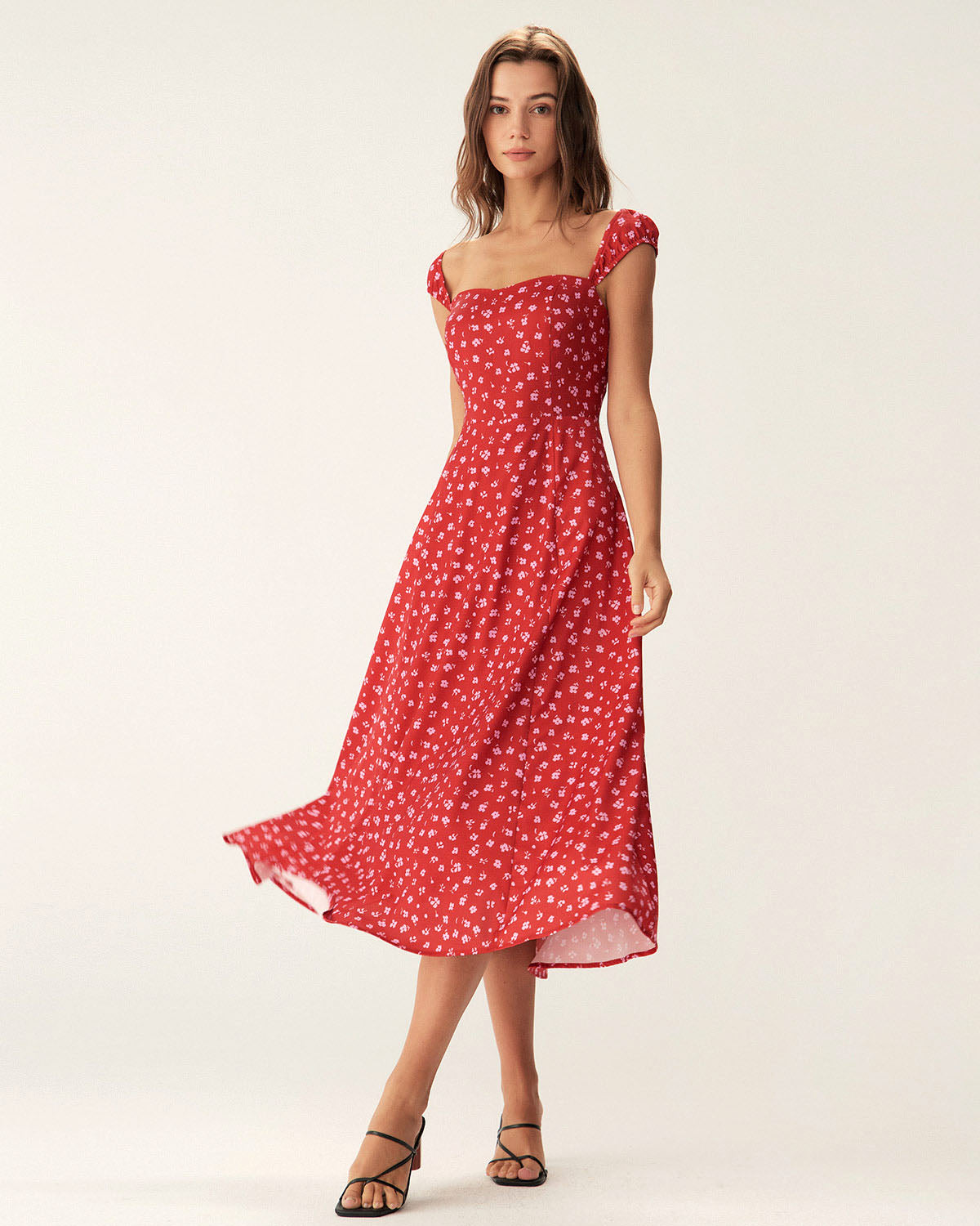 Red Floral Sweetheart Neck Cap Sleeve Midi Dress - Threadford