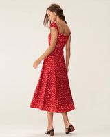 Red Floral Sweetheart Neck Cap Sleeve Midi Dress - Threadford