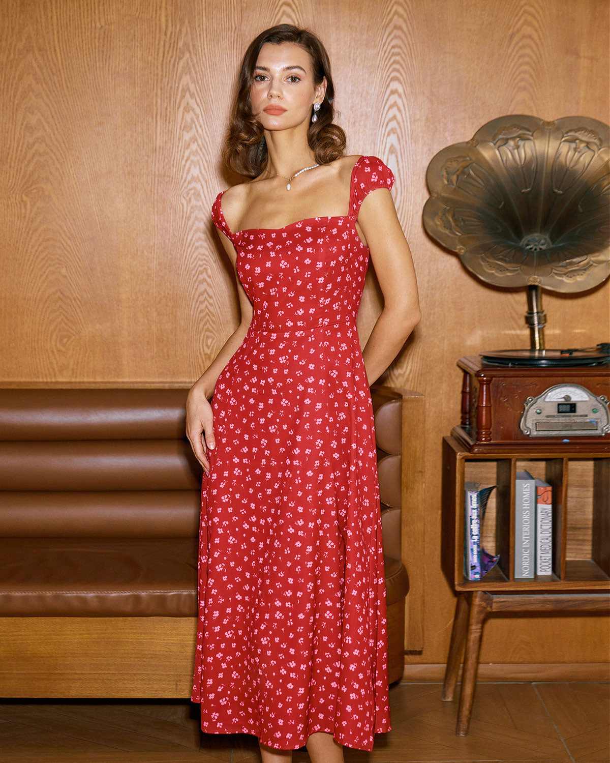 Red Floral Sweetheart Neck Cap Sleeve Midi Dress - Threadford