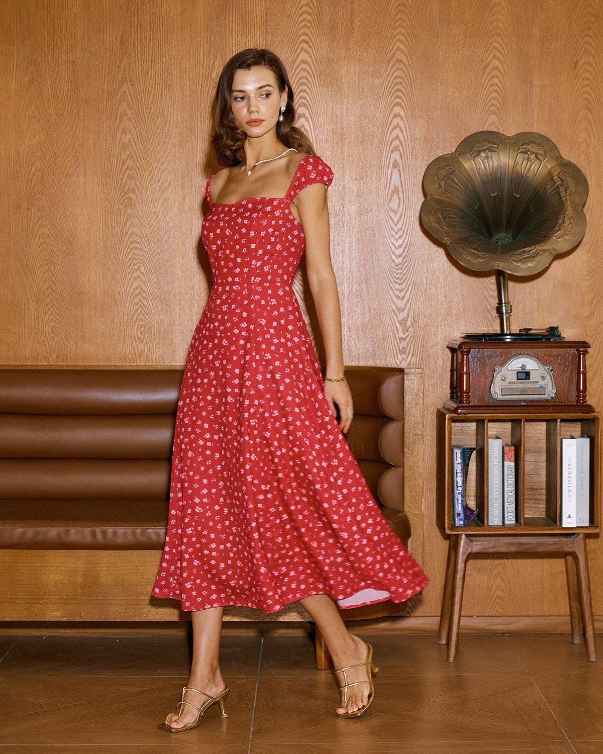 Red Floral Sweetheart Neck Cap Sleeve Midi Dress - Threadford