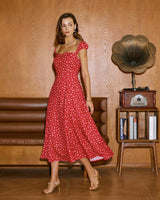 Red Floral Sweetheart Neck Cap Sleeve Midi Dress - Threadford