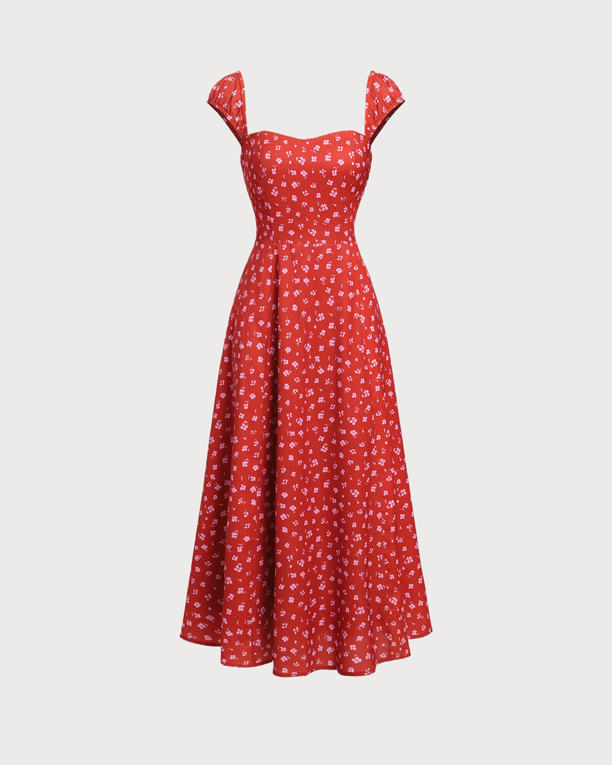 Red Floral Sweetheart Neck Cap Sleeve Midi Dress - Threadford