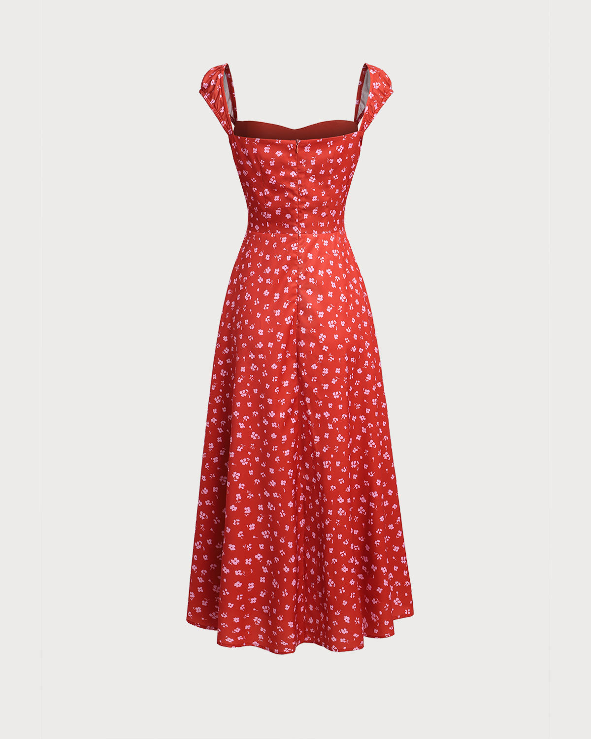 Red Floral Sweetheart Neck Cap Sleeve Midi Dress - Threadford