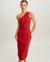 Red Knit One shoulder Midi Dress - Threadford