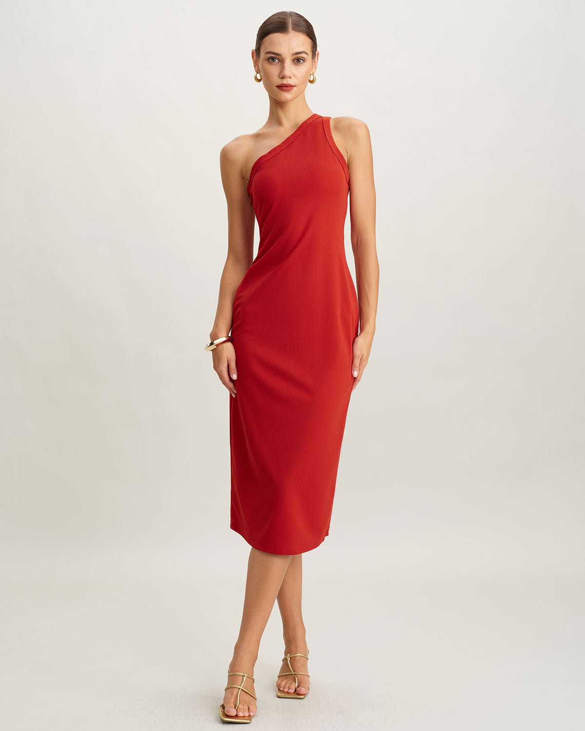 Red Knit One shoulder Midi Dress - Threadford