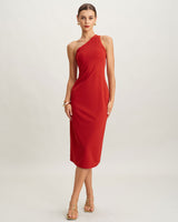 Red Knit One shoulder Midi Dress - Threadford