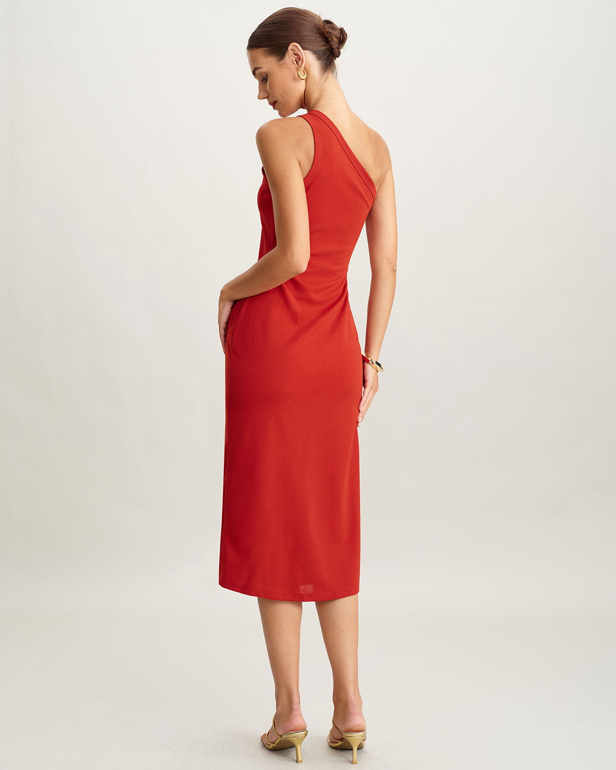 Red Knit One shoulder Midi Dress - Threadford