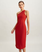 Red Knit One shoulder Midi Dress - Threadford