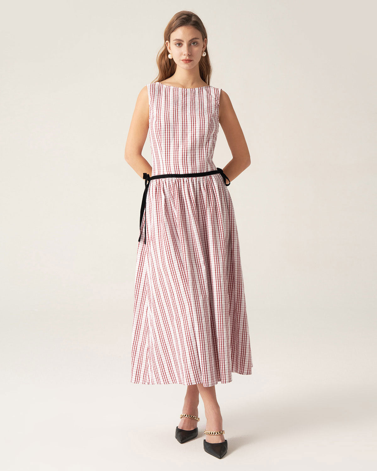 Red Plaid Boat Neck Midi Dress - Threadford