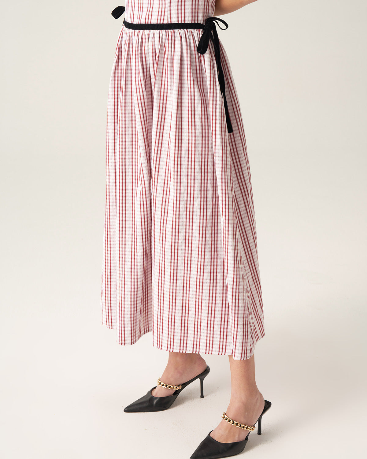 Red Plaid Boat Neck Midi Dress - Threadford