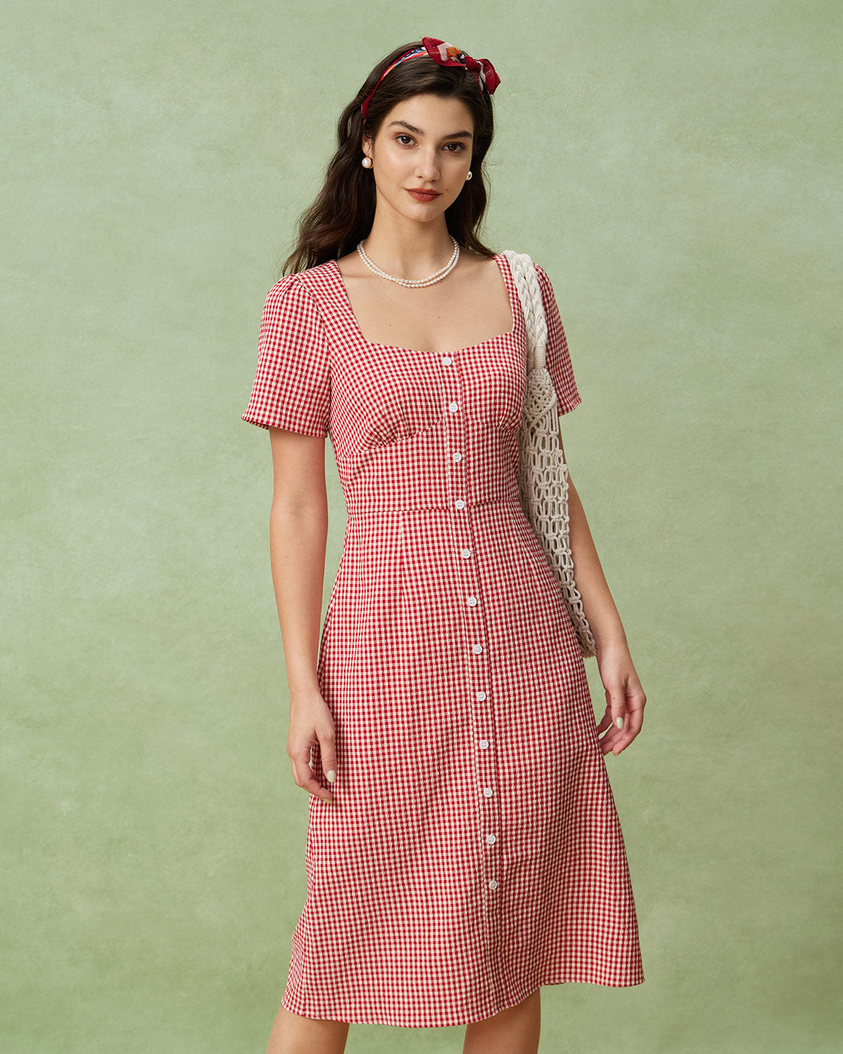 Red Plaid Square Neck Midi Dress - Threadford