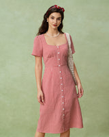 Red Plaid Square Neck Midi Dress - Threadford