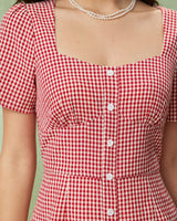 Red Plaid Square Neck Midi Dress - Threadford