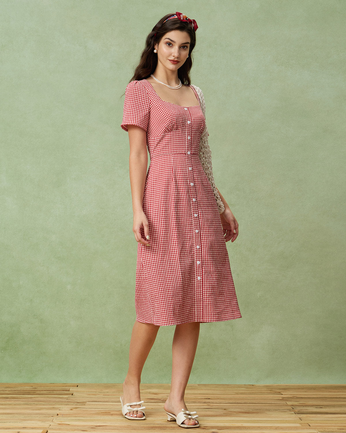 Red Plaid Square Neck Midi Dress - Threadford