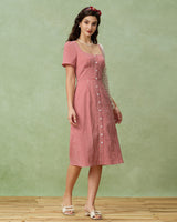 Red Plaid Square Neck Midi Dress - Threadford