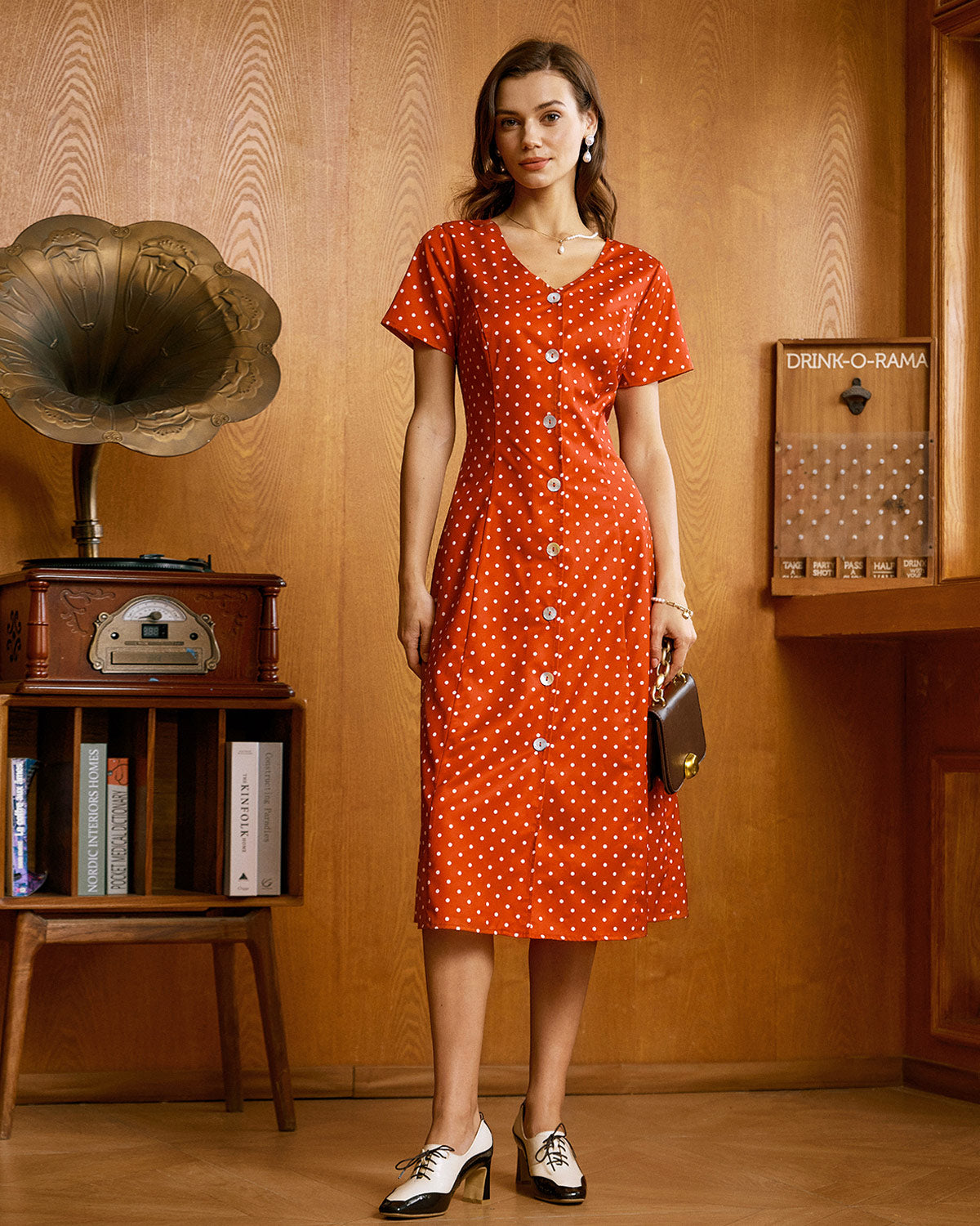 Red Polka Dot Button Midi Dress - Threadford