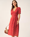 Red Polka Dot Ruched Midi Dress - Threadford