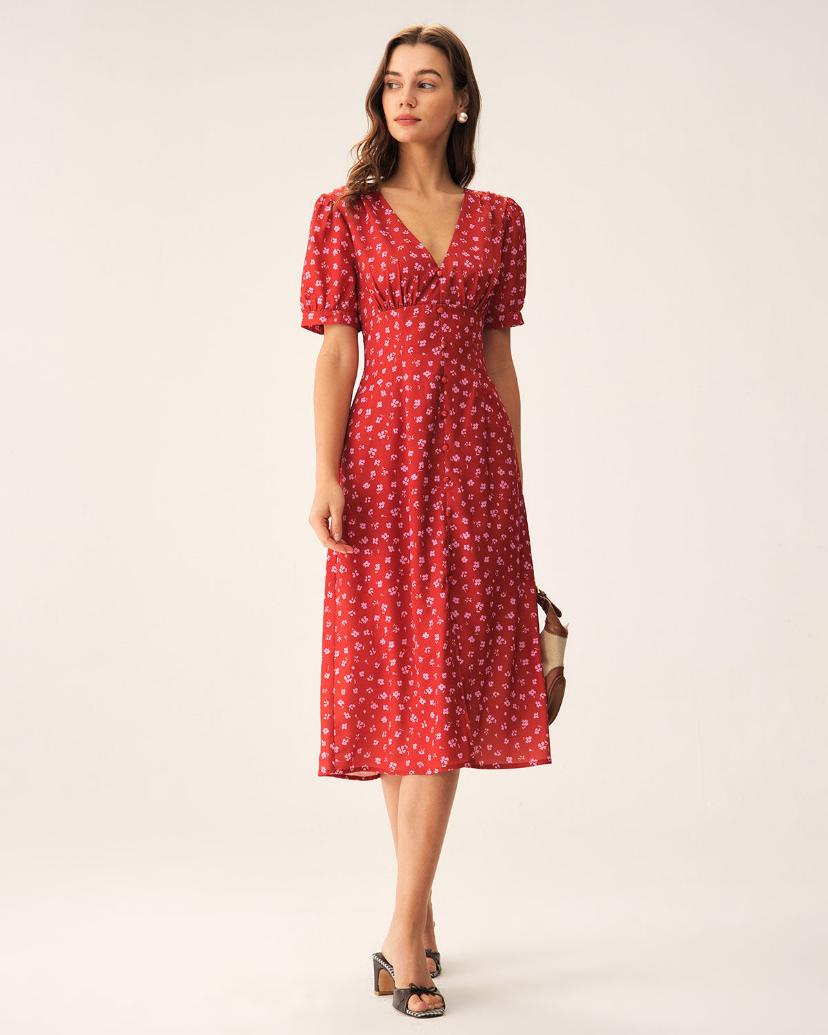 Red Polka Dot Ruched Midi Dress - Threadford