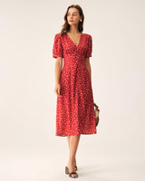 Red Polka Dot Ruched Midi Dress - Threadford