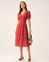 Red Polka Dot Ruched Midi Dress - Threadford