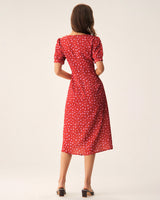 Red Polka Dot Ruched Midi Dress - Threadford