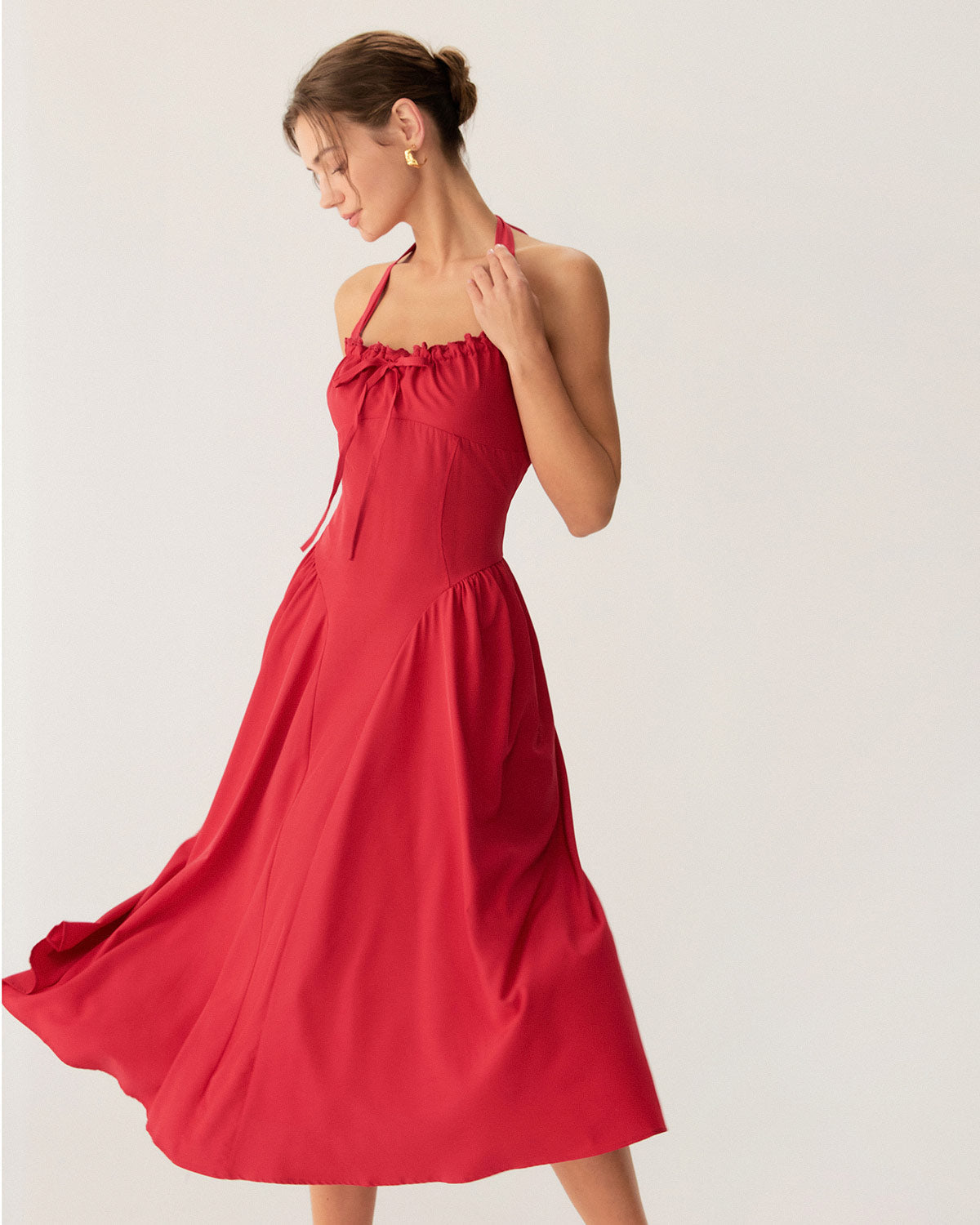 Red Ruched Halter Midi Dress - Threadford