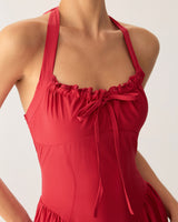 Red Ruched Halter Midi Dress - Threadford