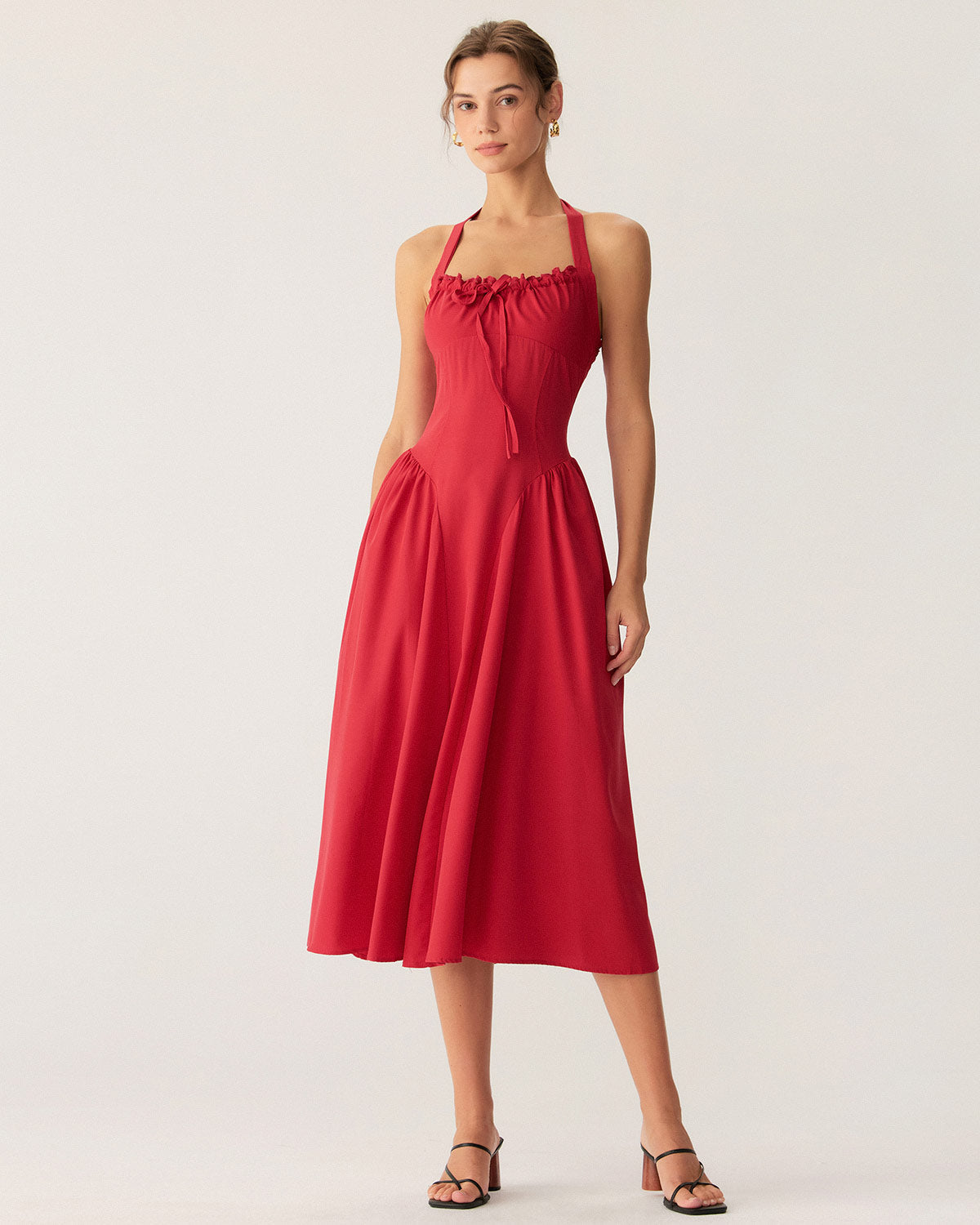 Red Ruched Halter Midi Dress - Threadford