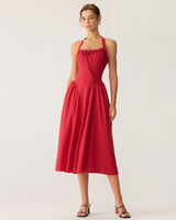 Red Ruched Halter Midi Dress - Threadford
