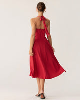 Red Ruched Halter Midi Dress - Threadford