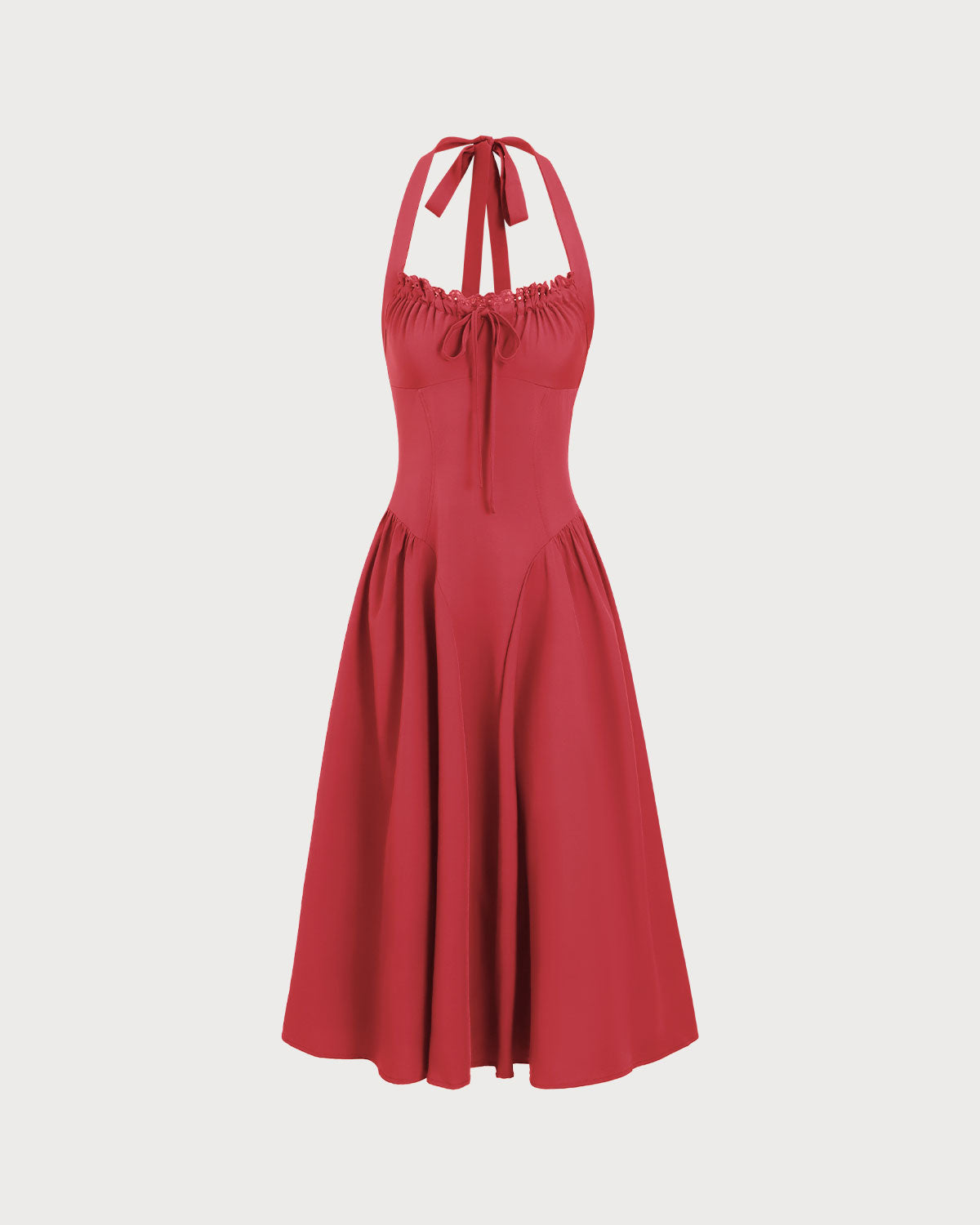 Red Ruched Halter Midi Dress - Threadford