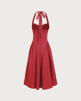 Red Ruched Halter Midi Dress - Threadford