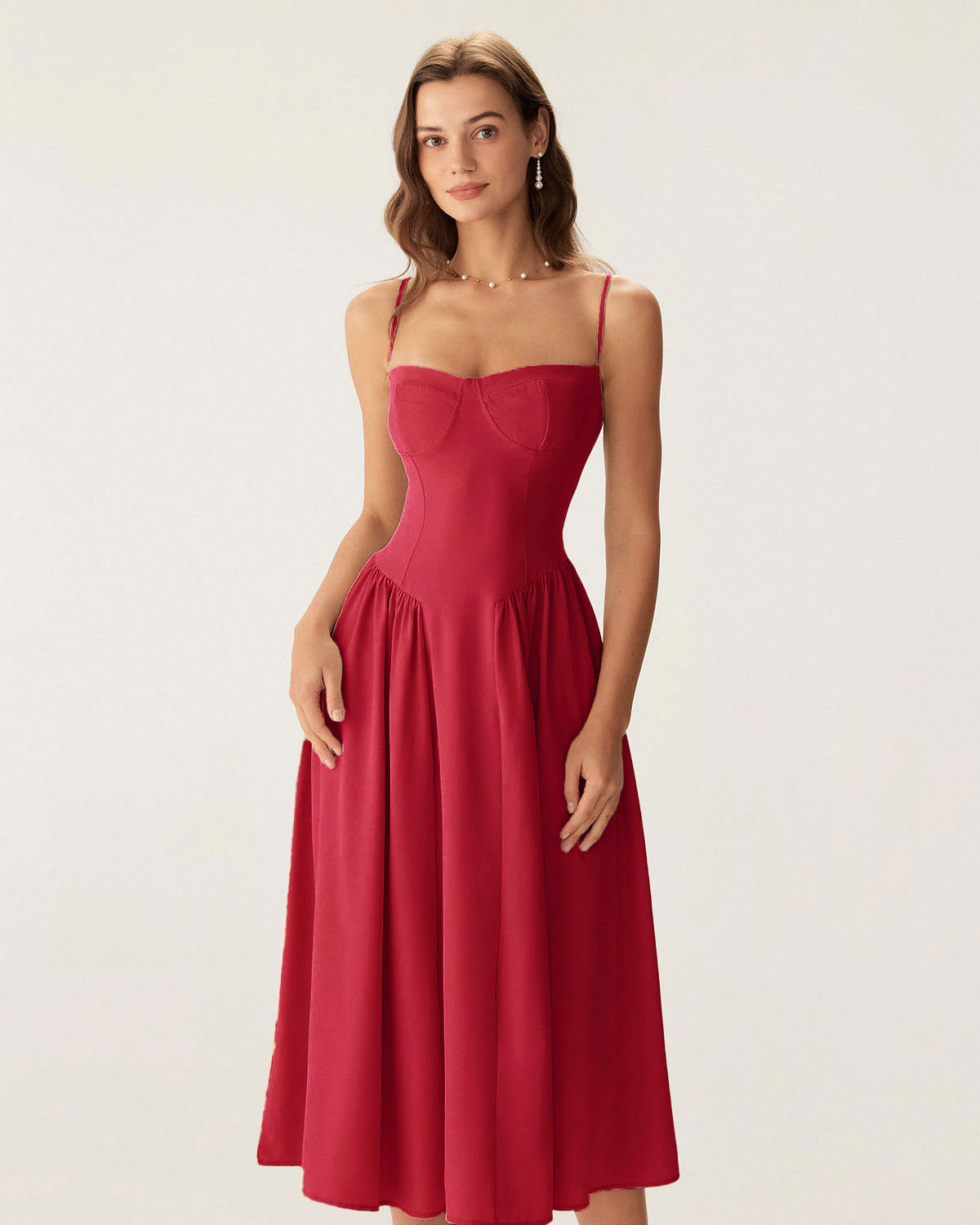 Red Square Neck Pocket Slip Midi Dress - Threadford