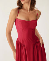 Red Square Neck Pocket Slip Midi Dress - Threadford