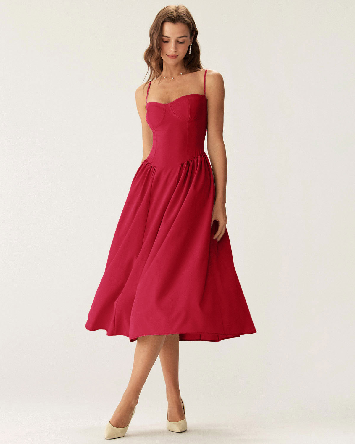 Red Square Neck Pocket Slip Midi Dress - Threadford