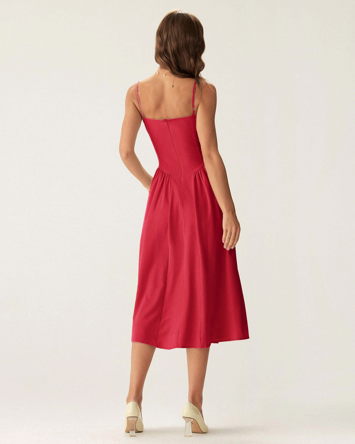 Red Square Neck Pocket Slip Midi Dress - Threadford