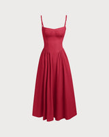 Red Square Neck Pocket Slip Midi Dress - Threadford