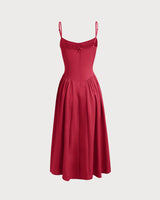 Red Square Neck Pocket Slip Midi Dress - Threadford