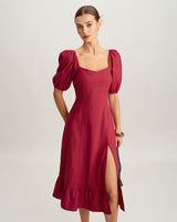 Red Square Neck Shirred Midi Dress - Threadford