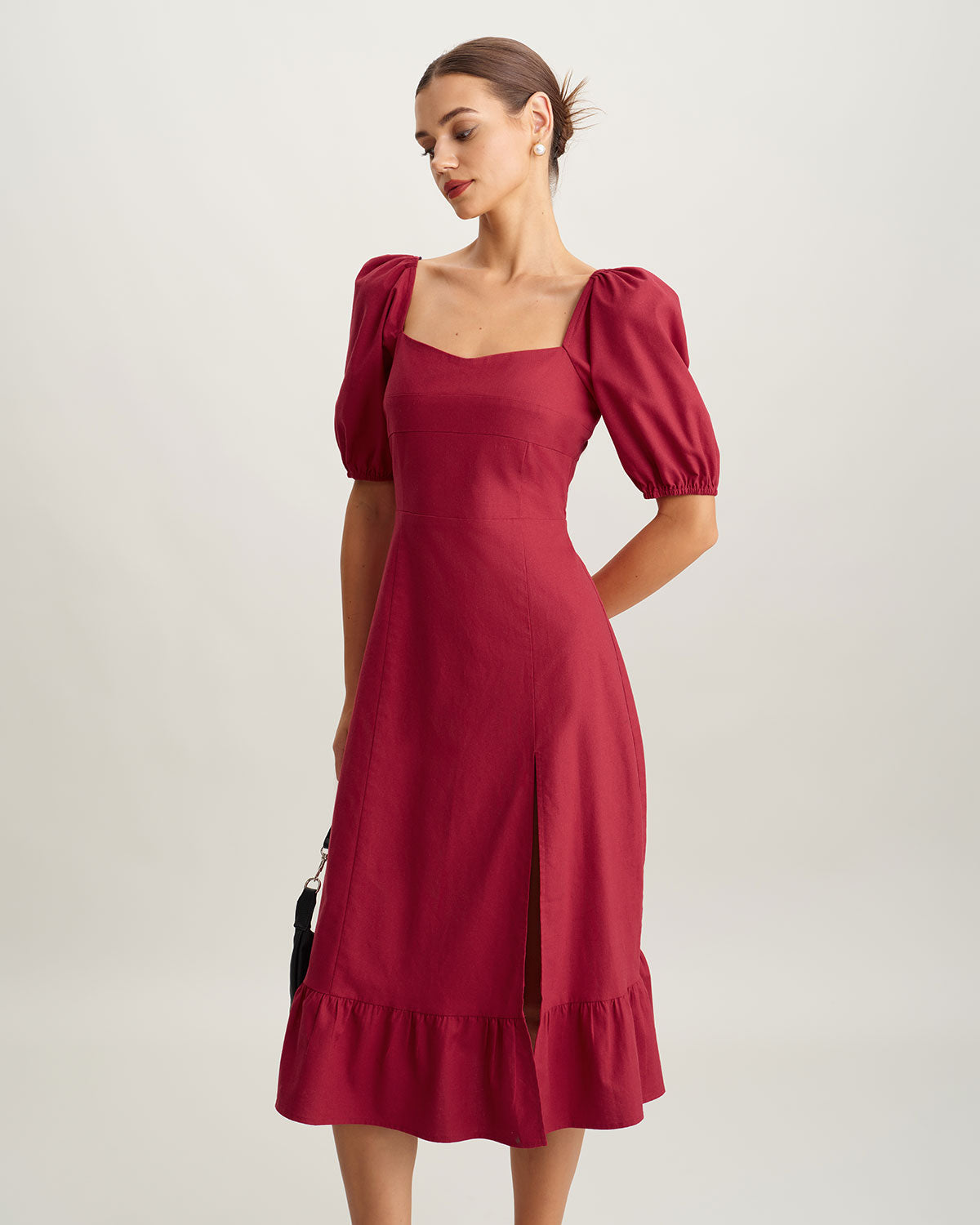 Red Square Neck Shirred Midi Dress - Threadford