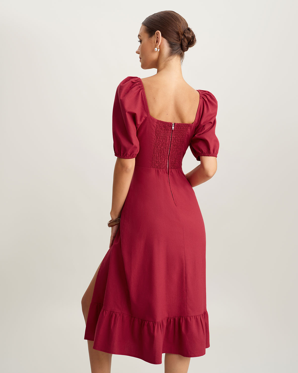 Red Square Neck Shirred Midi Dress - Threadford