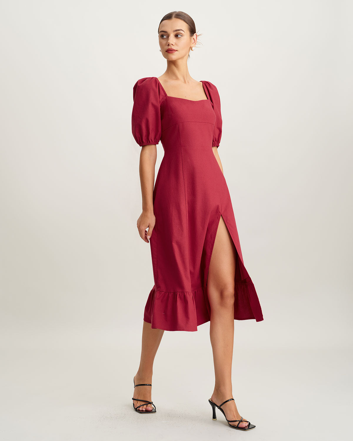 Red Square Neck Shirred Midi Dress - Threadford