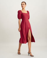 Red Square Neck Shirred Midi Dress - Threadford