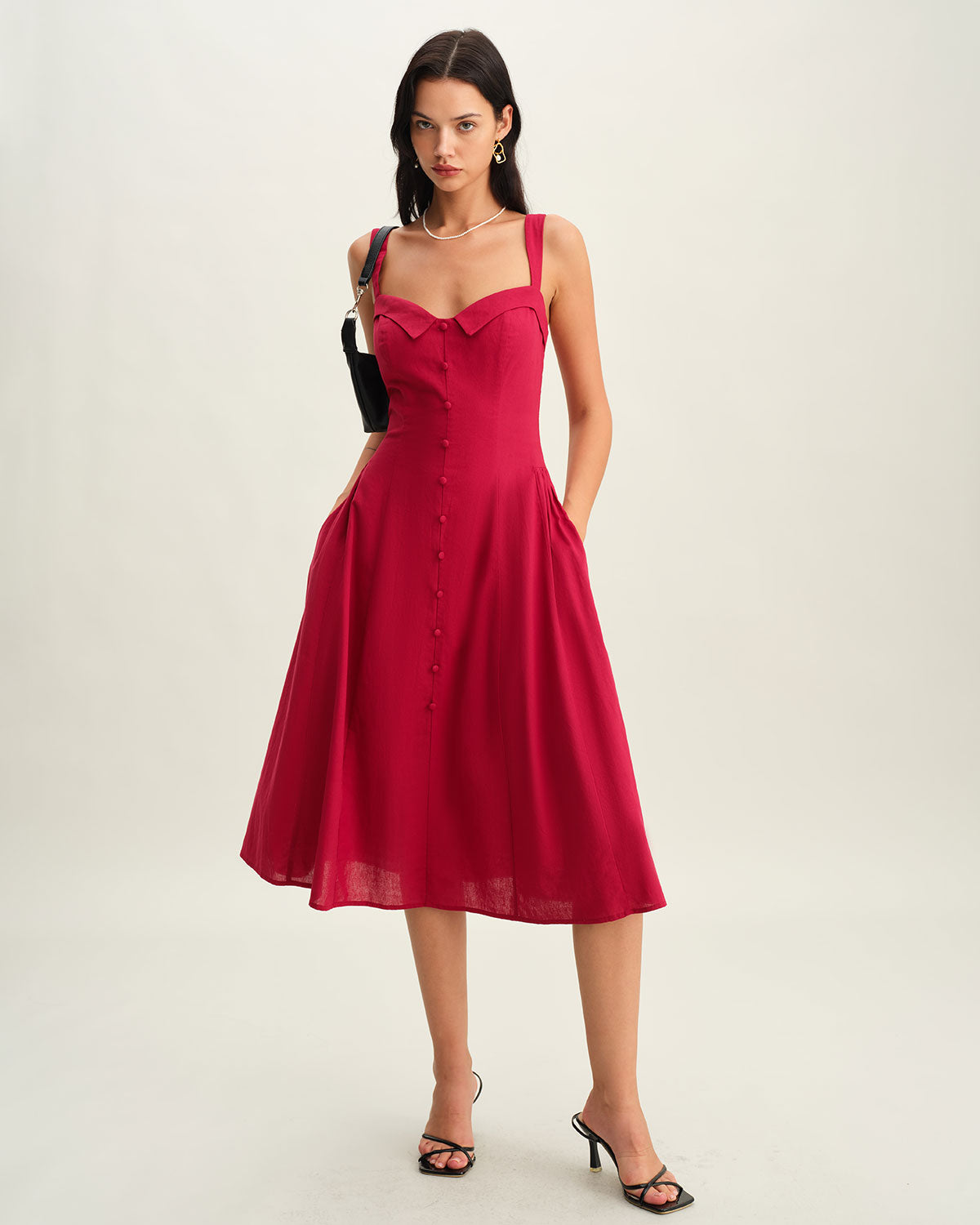 Red Sweetheart Neck Slip Midi Dress - Threadford