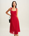 Red Sweetheart Neck Tie Strap Midi Dress - Threadford