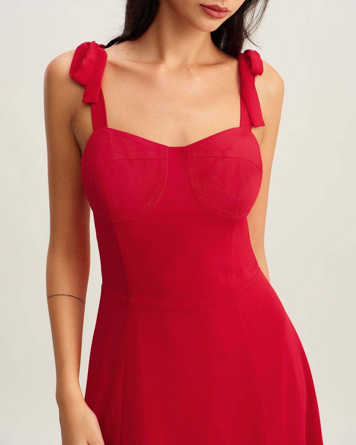 Red Sweetheart Neck Tie Strap Midi Dress - Threadford