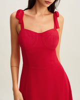Red Sweetheart Neck Tie Strap Midi Dress - Threadford