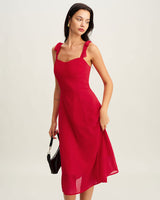 Red Sweetheart Neck Tie Strap Midi Dress - Threadford