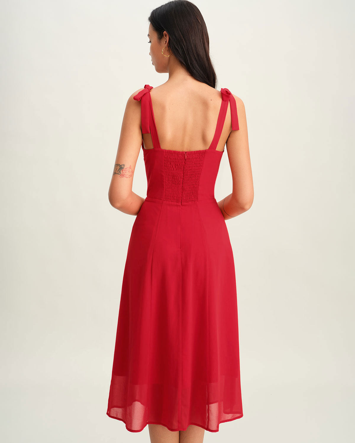 Red Sweetheart Neck Tie Strap Midi Dress - Threadford
