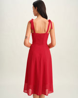 Red Sweetheart Neck Tie Strap Midi Dress - Threadford